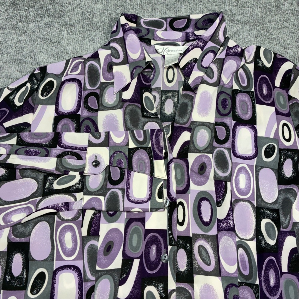 Dressbarn Blouse Women's Large Purple Geometric Retro‎ Mod Abstract Button Down